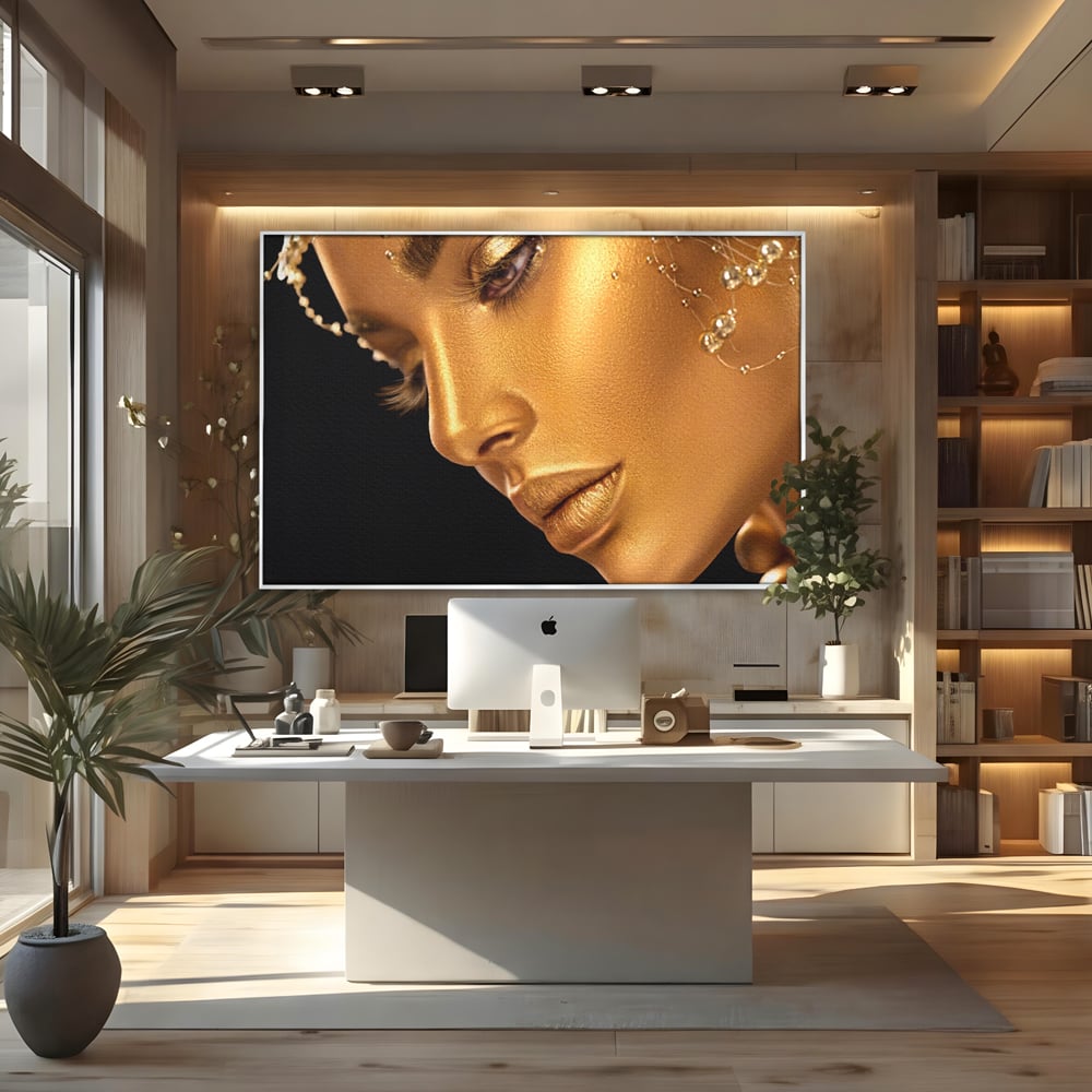 Tablou canvas cu tablou canvas cu femeie in nuante aurii, in rama de aluminiu argintiu, pe perete intr-un birou